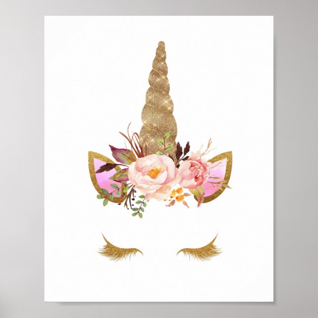 Gold Floral Unicorage Kinderzimmer Print Poster (Vorne)