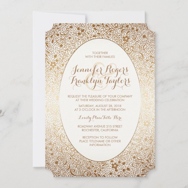 Gold Floral Vintage Hochzeit Einladungen (Vorderseite)