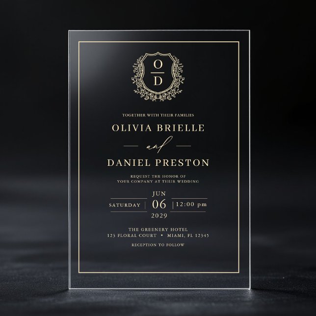 Gold Floral Wappen Monogram Wedding Elegant Acryleinladungen (Von Creator hochgeladen)