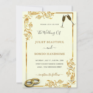 Gold Floral Wedding Einladung + Rings & Champagne