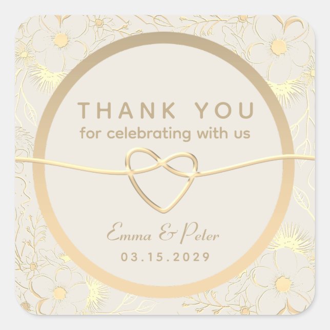 Gold Floral Wedding Vielen Dank Quadratischer Aufkleber (Vorderseite)