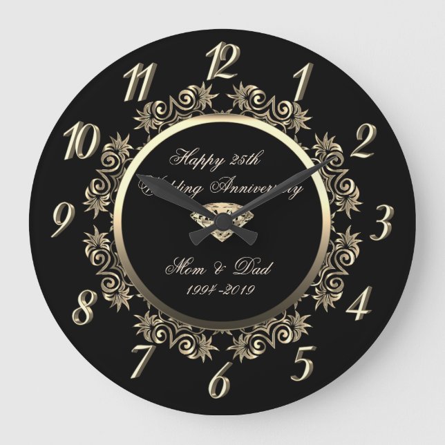 Gold Floral Wirbel Diamond25. Hochzeitstag Große Wanduhr (Vorderseite)