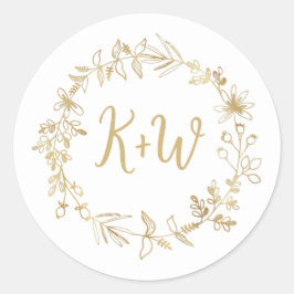 Gold Floral Wreath Einladung Hochzeit Runder Aufkleber