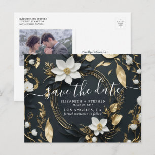Gold Floral Wreath Wedding Foto Save the Date Ankündigungspostkarte