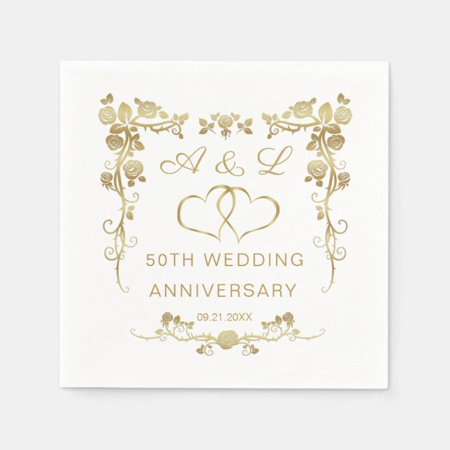 Gold Floral, zu Herzen 50 Hochzeitstag Serviette (Vorderseite)