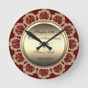  Gold Florale Schwünge  Rot 50. Hochzeitstag  Runde Wanduhr