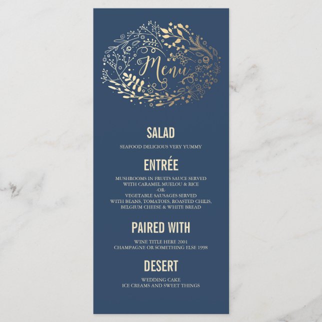 Gold Florals Elegant Marine Blue mariage cartes me (Devant)