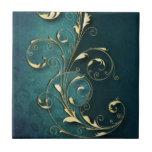 Gold Florentine Scrolls Tile Fliese<br><div class="desc">Elegantes und aufwändiges Goldscrollwerk auf einem Hintergrund aquamariner blauer Dämme in einem dunklen bis hellen Farbverlauf.</div>