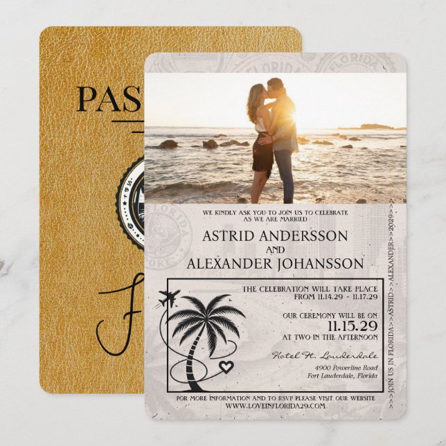 Gold Florida Passport Hochzeitseinladung Einladung (Vorne/Hinten)