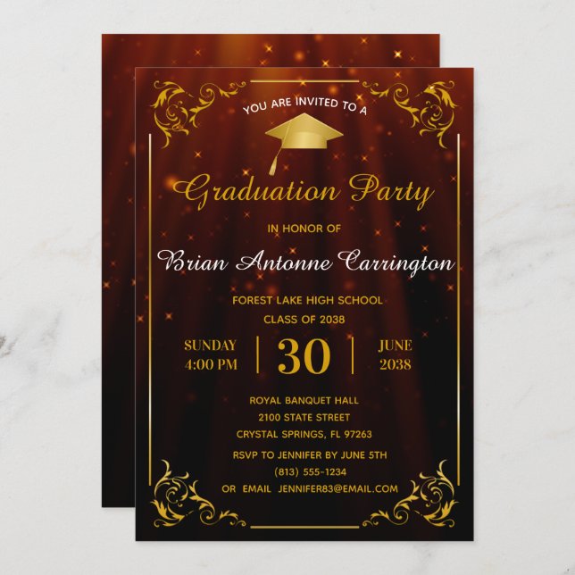 Gold Flourish Frame Graduation Party Invitation (Devant / Derrière)