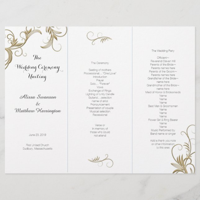 Gold Flourish White Tri-Fold Wedding Programme (Devant)