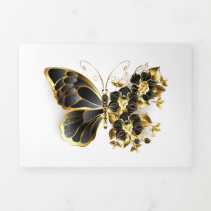 Gold Flower Butterfly with Black Orchid Dreifach Gefaltete Einladung