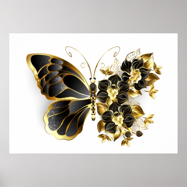 Gold Flower Butterfly with Black Orchid Poster (Vorne)