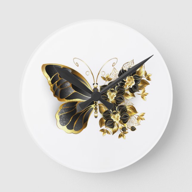 Gold Flower Butterfly with Black Orchid Runde Wanduhr (Vorderseite)