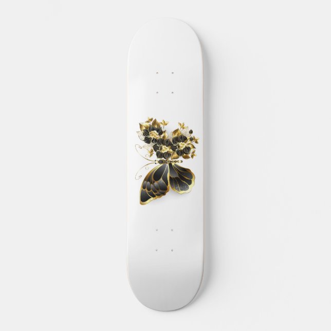 Gold Flower Butterfly with Black Orchid Skateboard (Vorderseite)