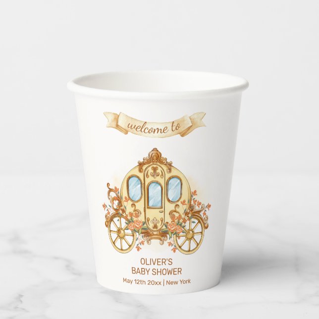 Gold Flower Prince Carriage Baby Shower Welcome Pappbecher (Vorderseite)