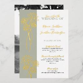 Gold Flowers Sage Photo Mariage Foil Invitation