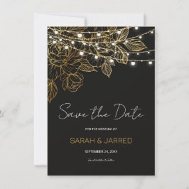 Gold Flowers String Lights Wedding Save The Date