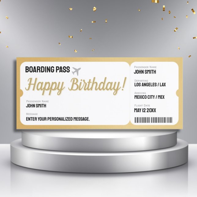 Gold Flugzeug Ticket - Boarding-Pass einladen (Golden Faux Plane Ticket Card - Birthday Flight Gift)