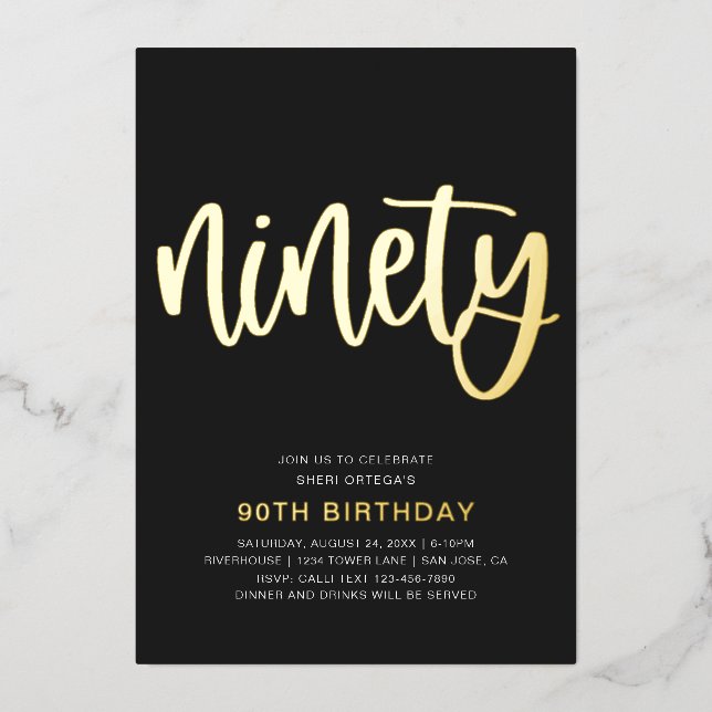 Gold Foil 90th Birthday Invitations | 90e (Recto)
