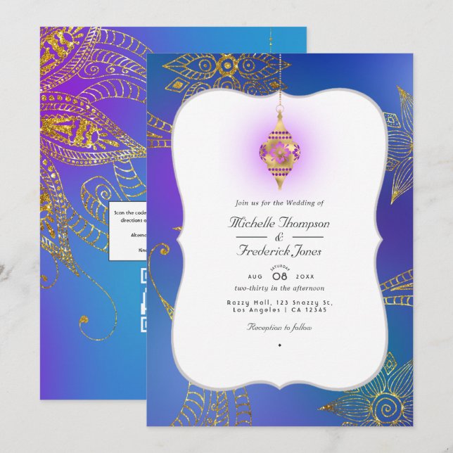 Gold Foil Arabian Bollywood QR Code UAWG Wedding Einladung (Vorne/Hinten)