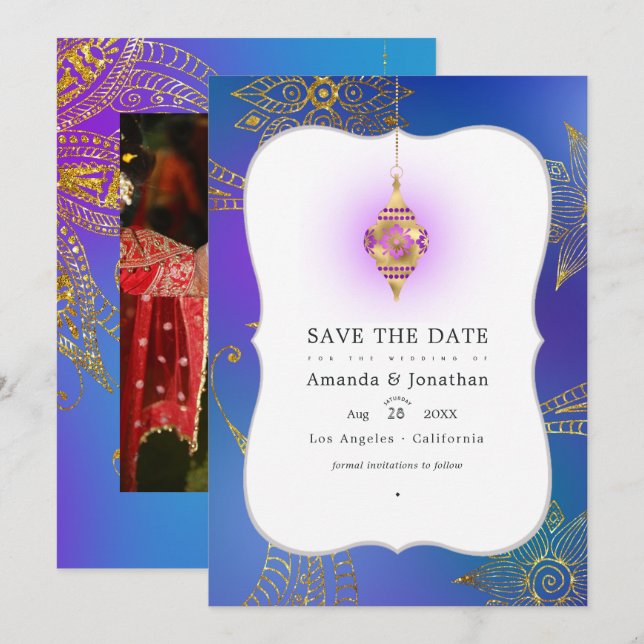 Gold Foil Arabian Bollywood Wedding Foto Save The Date (Vorne/Hinten)