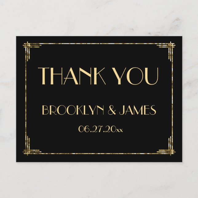 Gold Foil Art Deco Hochzeit Danke Black Postkarte (Vorderseite)