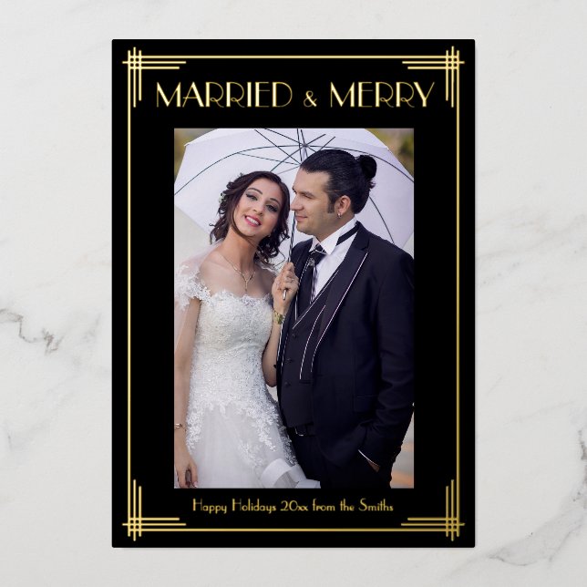 Gold Foil Art Deco Verheiratet & Frohe Weihnachtsk Folieneinladung (Vorderseite)