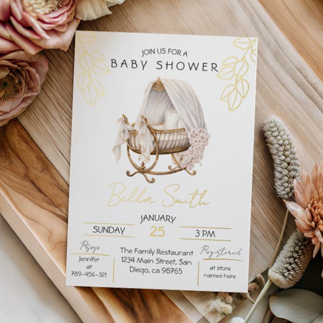 Gold Foil Baby Shower Elegant Script Cradle Folieneinladung (Von Creator hochgeladen)