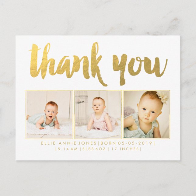 Gold Foil Baby Vielen Dank Foto Frame Postcard Ankündigungspostkarte (Vorderseite)