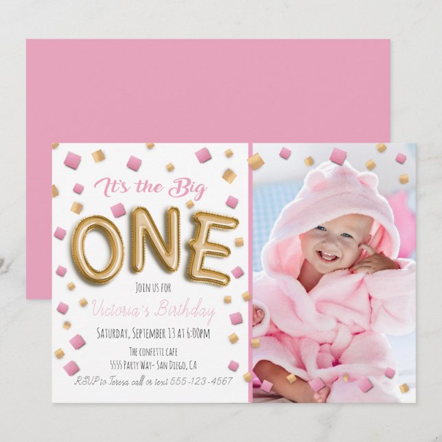 Gold Foil Ballon 1er Anniversaire Photo Invitation (Devant / Derrière)