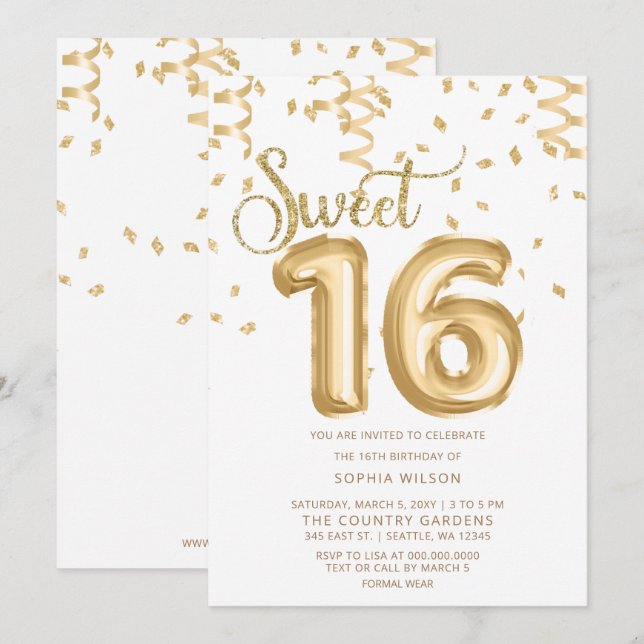 Gold Foil Balloon Sweet 16 Anniversaire Invitation (Devant / Derrière)