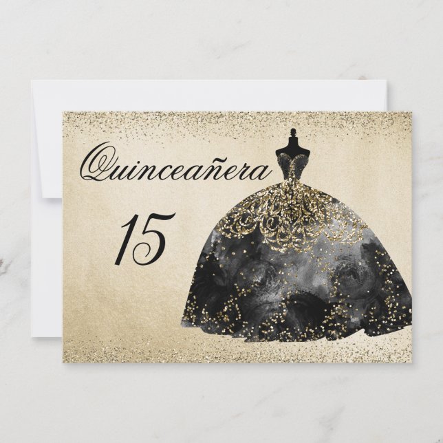Gold Foil Black Dress Quinceanera Einladung (Vorderseite)