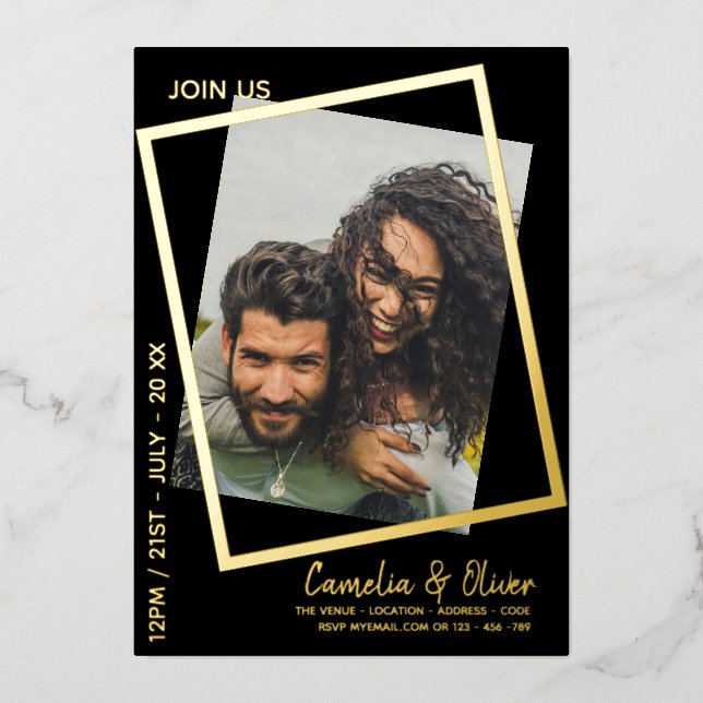 GOLD FOIL Black FOTO Wedding QR Code Dripping Foi Folieneinladung (Vorderseite)