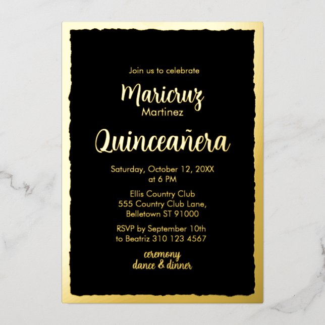 Gold Foil Black Quinceañera Photo Invitation (Recto)