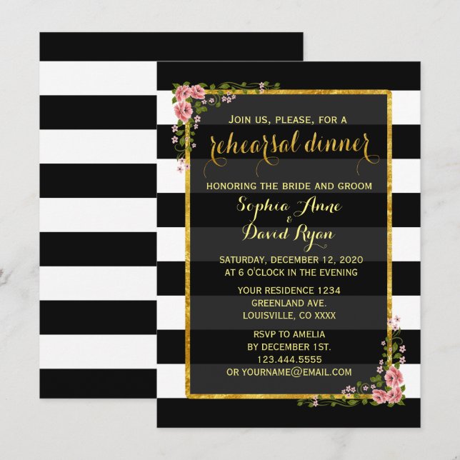 Gold Foil Black Streifen Probe Abendessen Einladun Einladung (Vorne/Hinten)