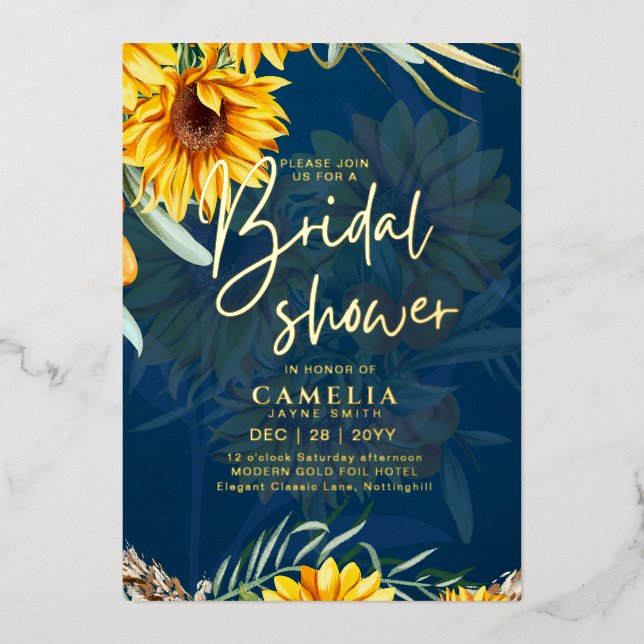 GOLD FOIL Blue Sunblumen BRAUTPARTY QR Code für Folieneinladung (Vorderseite)