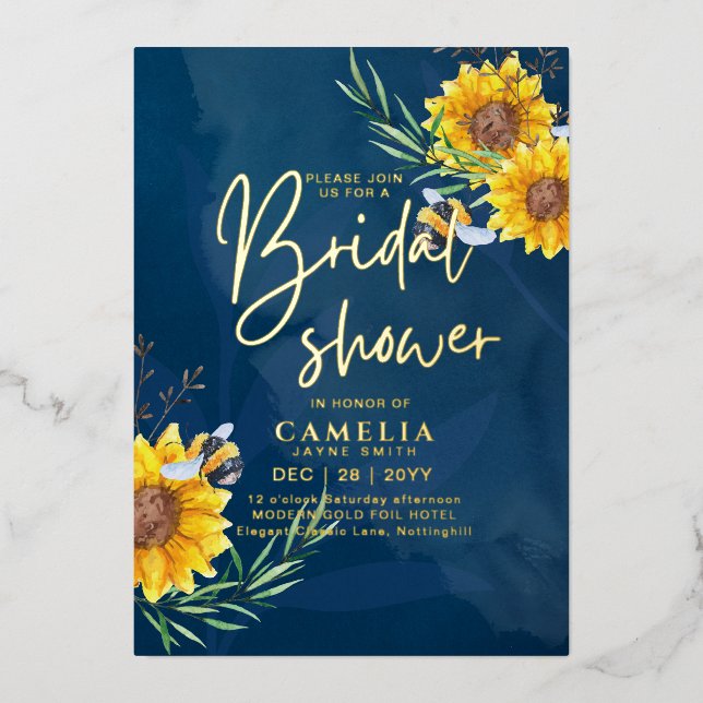 GOLD FOIL Blue Sunblumen BRAUTPARTY QR Code für Folieneinladung (Vorderseite)