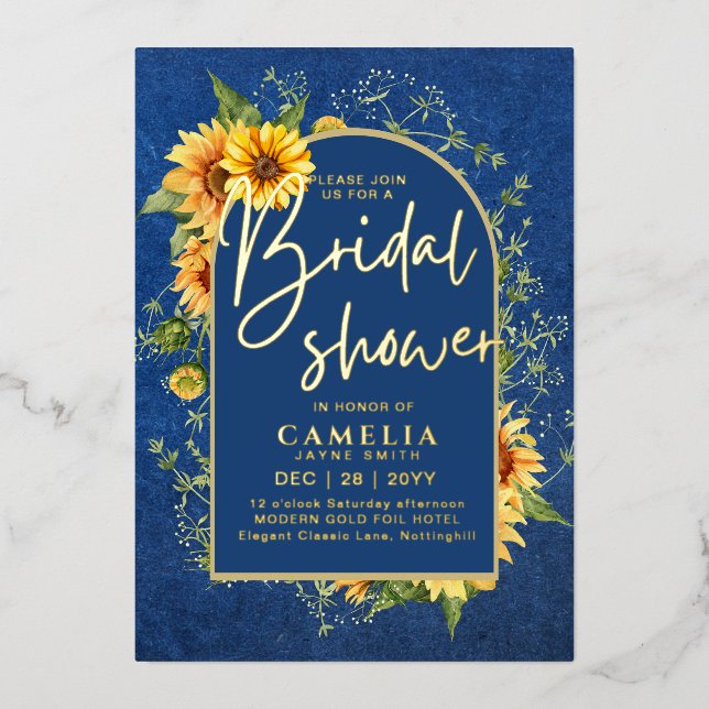 GOLD FOIL Blue Sunflowers BRAUTPARTY QR Code Folieneinladung (Vorderseite)