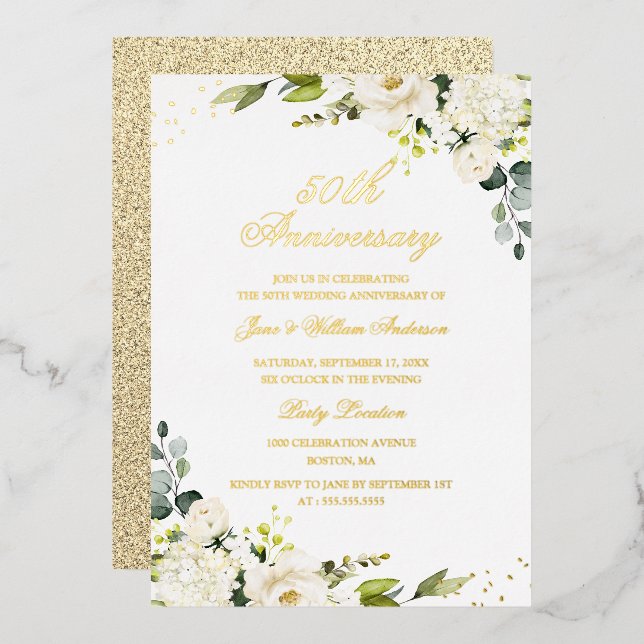 GOLD FOIL Blume 50 Jahre Jubiläum Foil Einladung (Vorderseite/Rückseite)