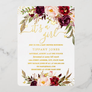 GOLD FOIL Blush Burgundy Floral Baby Showroom Folieneinladung