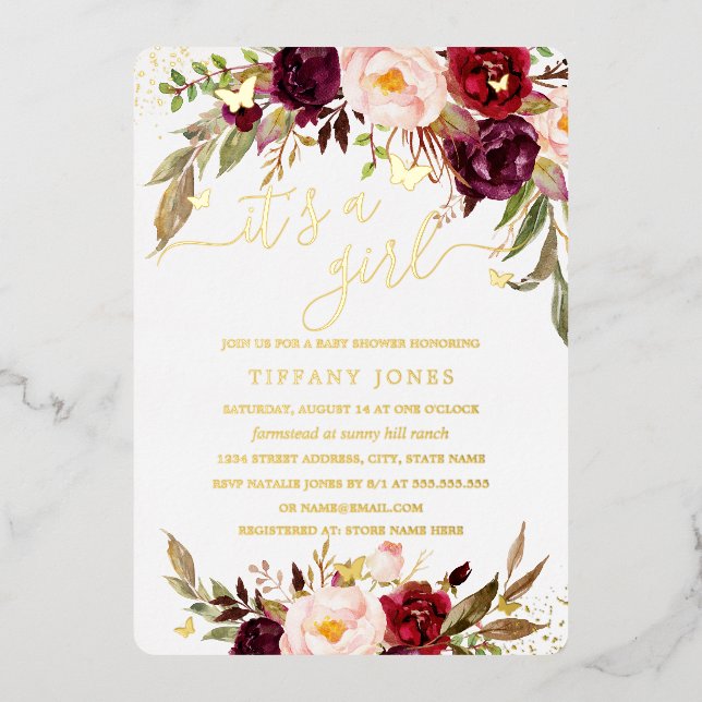 GOLD FOIL Blush Burgundy Floral Baby Showroom Folieneinladung (Vorderseite)