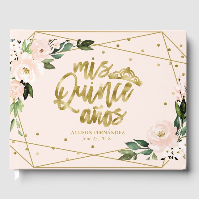 Gold Foil Blush Rose Floral Quinceanera Livre d'or (Recto)