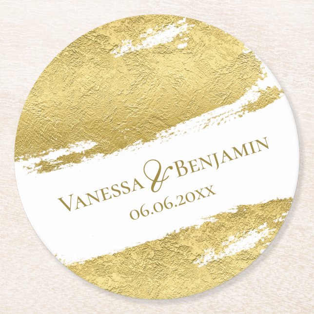 Gold foil brush stroke elegant modern wedding runder pappuntersetzer (Vorderseite)