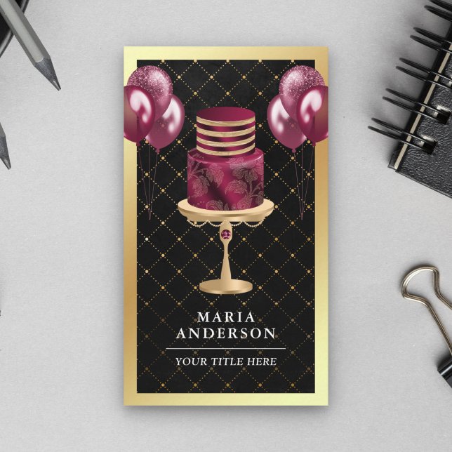 Gold Foil Burgundy Cake Balloons Eventplaner Visitenkarte (Von Creator hochgeladen)
