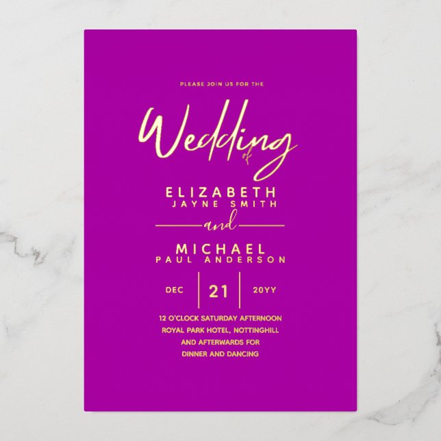 GOLD FOIL Cerise Pink Moderne All-in-1 Hochzeit Folieneinladung (Vorderseite)