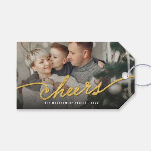Gold Foil Cheers Calligraphy Script Foto Holiday Geschenkanhänger (Vorderseite (Horizontal))