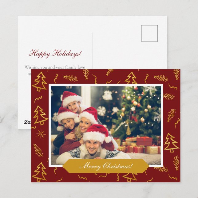 Gold Foil Christmas Tree Muster Red Holiday Foto Postkarte (Vorne/Hinten)
