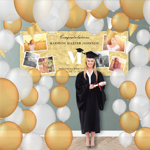 Gold Foil Classic Monogramm 6 Foto Chic Grad Party Banner