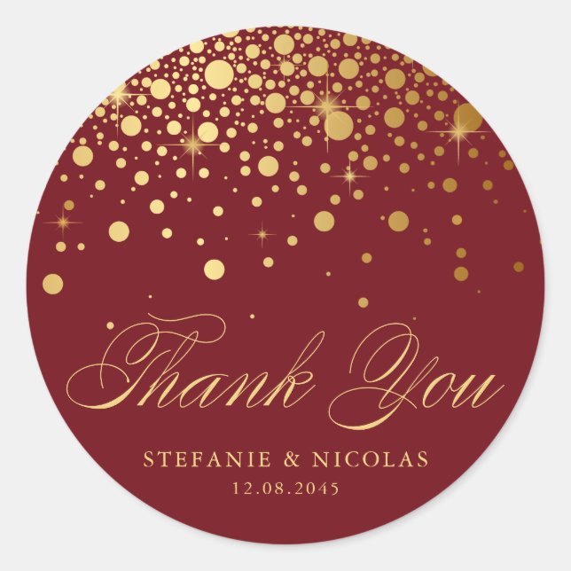 Gold Foil Confetti Burgundy Wedding Vielen Dank Runder Aufkleber (Vorderseite)
